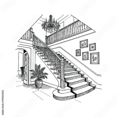 Grand Victorian Interior Staircase Sketch Elegant Home Design Drawing with Chandelier