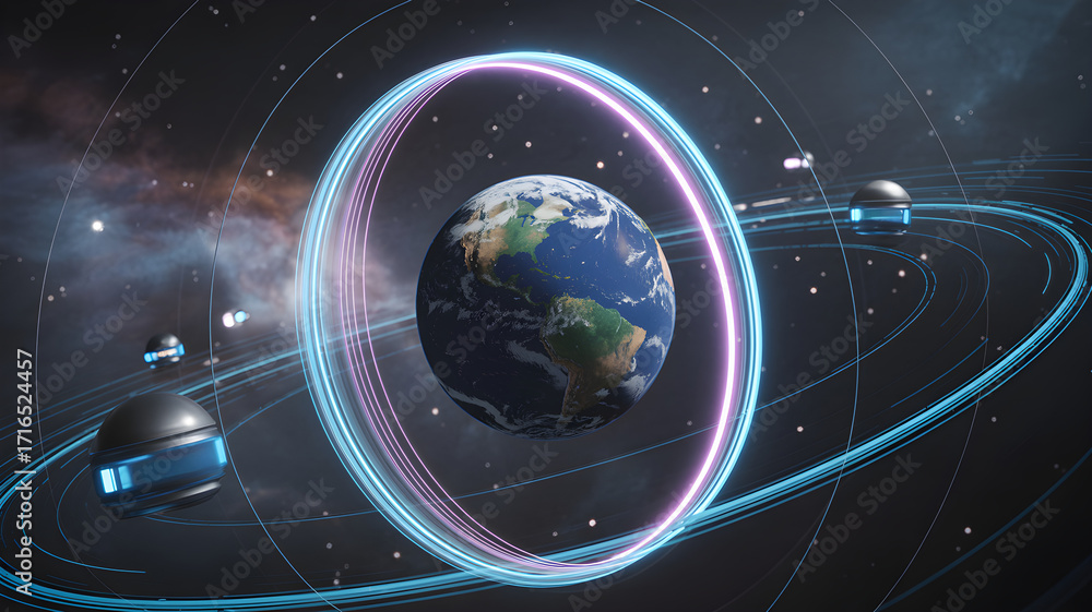 Obraz premium Earth surrounded by data network rings in space