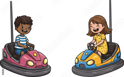 Happy children riding colorful bumper cars at amusement park, fun fairground entertainment with kids enjoying carnival rides, cartoon vector illustration