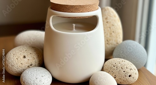 Ceramic Candle with Cork Lid and Textured Stones