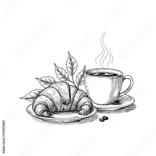 Handdrawn illustration of a croissant and a cup of coffee perfect for breakfast menus bakery websites or coffee shop marketing
