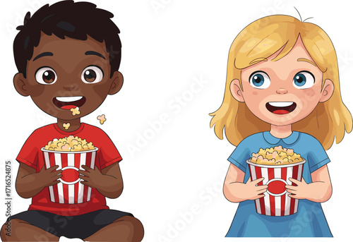 Happy kids eating popcorn together, cartoon children enjoying snacks, cute boy and girl holding striped bucket, fun movie snack time illustration