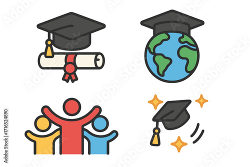 Graduation icon set celebrating academic achievement. Global education and university success concept. Vector flat design symbols of diploma, graduation cap, globe, and people.