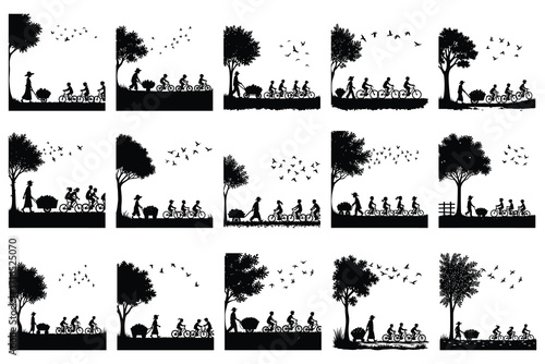 Silhouettes of children cycling and adults pushing carts of produce
