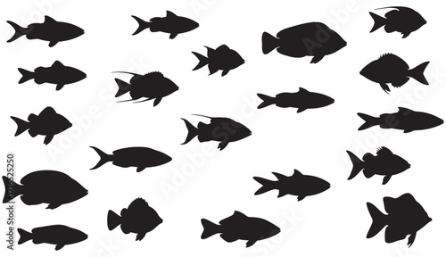 Collection of silhouette fish icons representing aquatic life and marine ecosystems