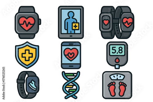 Health technology icon set. Digital health, telemedicine, and fitness tracker concepts. Vector icons of smartwatch, glucometer, scale, and DNA for medical mobile app design.