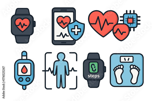 Health technology icon set for digital medicine and fitness. Vector concepts for telemedicine, mHealth, heart rate monitor, glucometer, smart watch, and health app.