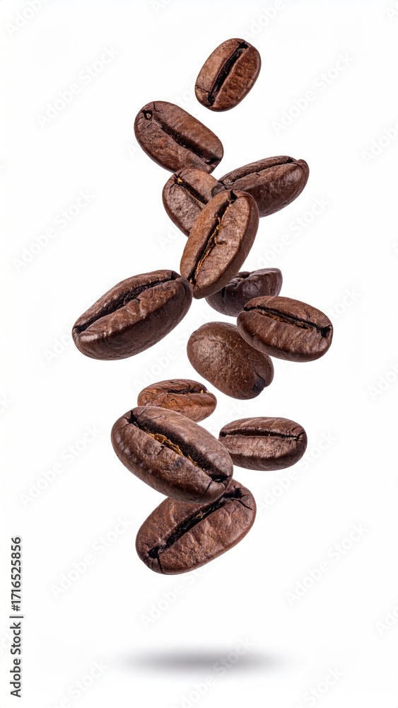 Obraz premium Roasted coffee beans in mid-air, falling