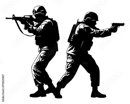 Two Soldiers Aiming Rifles Infantry Silhouette black shape vector laser cutting engraving monochrome print