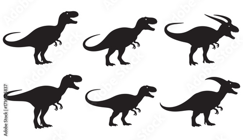 Six silhouette dinosaur icons representing prehistoric creatures and ancient reptiles