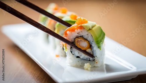 Delicious California Sushi Rolls with Avocado and Tobiko Being Picked Up with Chopsticks on a White Plate