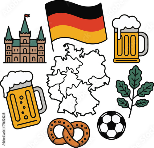 Hand-Drawn Germany Travel and Identity Icons Pack Flag, Map, Castle, Beer, Pretzel, Oak Leaf, Soccer, and National Heritage Symbol