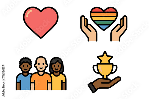Icon set love, diversity, community, achievement. LGBTQ pride rainbow heart. Diverse people group. Winner trophy award. Vector illustration for inclusion and equality concepts.