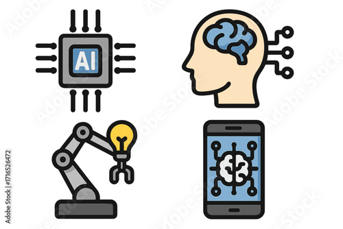Artificial intelligence icon set. AI technology concepts. Machine learning, neural network, robotic arm idea, smartphone app and cpu chip symbols. Future tech vector icons.