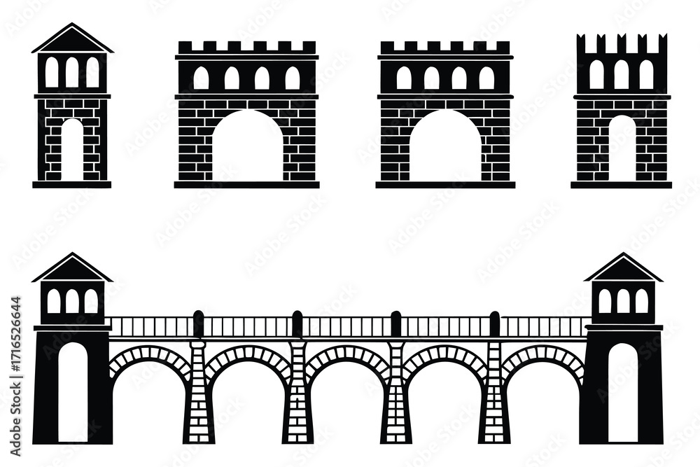 Obraz premium Black silhouette set of castle towers and arched bridge structures vector