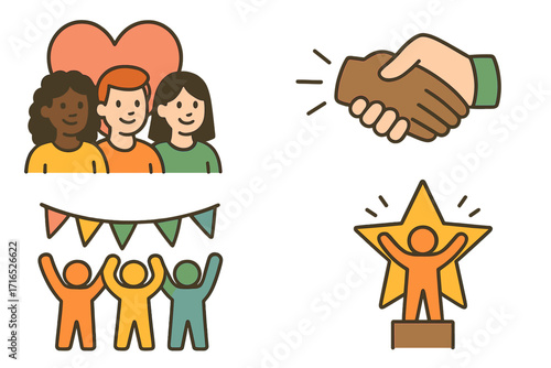 Teamwork, diversity, achievement icon set. Community support, multiracial people group, handshake partnership. Celebration, award winner trophy, success. Vector cartoon icons.
