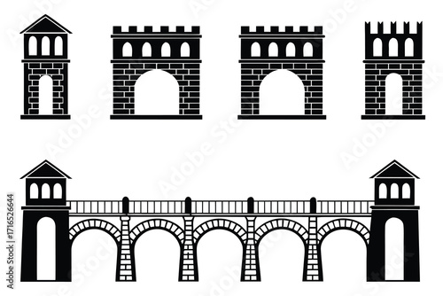 Black silhouette set of castle towers and arched bridge structures vector