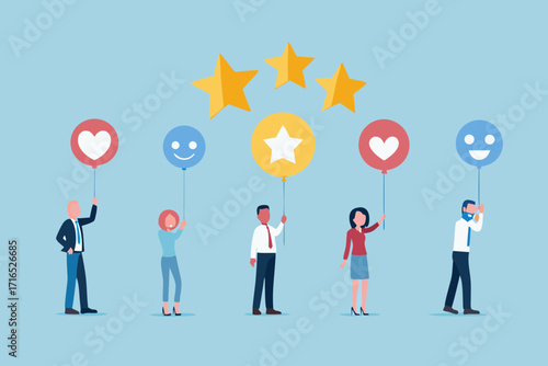 Diverse group of people holding balloons with positive feedback symbols and stars representing customer satisfaction and ratings
