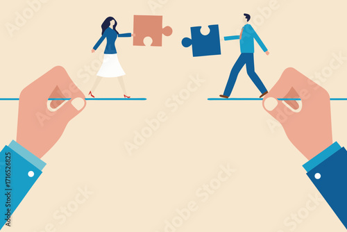 Two business people walking across a tightrope holding puzzle pieces to connect them