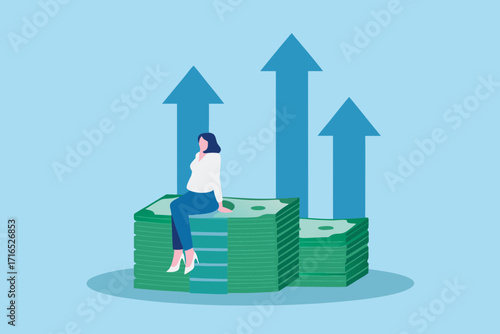 Woman sitting on a stack of money with upward trending arrows symbolizing financial growth and success