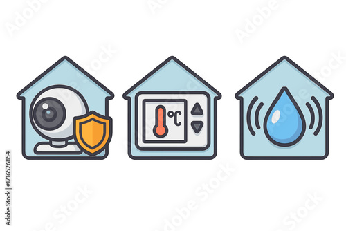 Smart home automation icons. Vector collection of security camera, temperature control thermostat, and water management symbols. Modern living and IoT technology concepts.