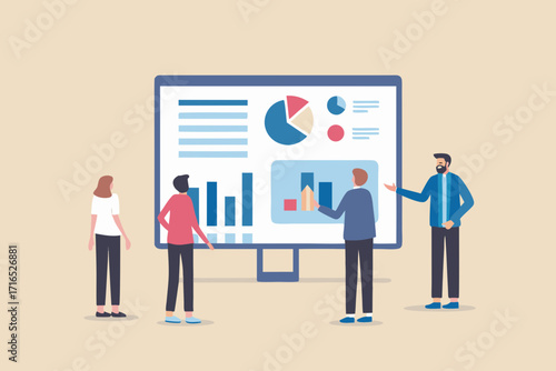 Diverse team of professionals collaborating and analyzing data charts on a large computer screen during a business meeting