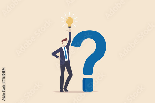 Businessman holding a glowing lightbulb above his head next to a giant blue question mark symbolizing a great idea