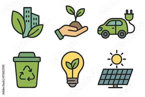 Set of eco friendly icons. Sustainable and renewable energy. Green city, electric car, solar panel, recycling bin. Ecology and environment vector illustration concept.