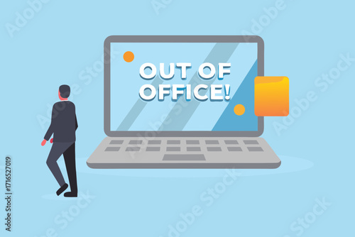 Businessman walking away from a laptop displaying out of office message on screen