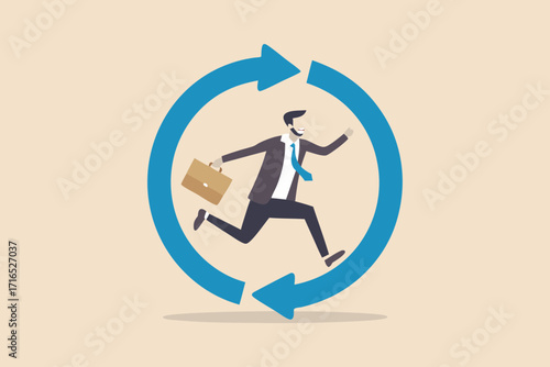 Businessman running in a circular arrow loop representing business cycle and continuous workflow