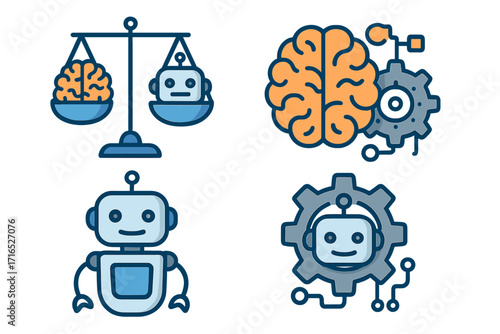Artificial intelligence concept icons. Brain vs robot on scales as AI ethics metaphor. Machine learning, automation, future technology. Vector icons of human brain and cyborg.