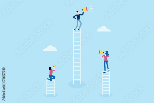 Diverse people on ladders using megaphones to communicate and reach goals against a blue sky with clouds