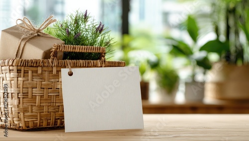 Light brown wicker basket with small gift box, plant, and blank card on wooden table