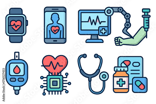 Medical technology icon set for digital health and telemedicine. Vector illustrations of health monitoring, smartwatch, EKG, AI, robotics, glucometer, and online pharmacy concepts.