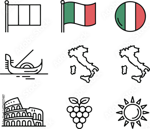 Hand-Drawn Italy Flag and Heritage Icon Pack with Map, Gondola, Pizza, Colosseum, and Italian Motifs