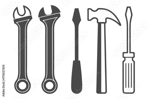 A collection of five dark gray tool silhouettes on a white background wrench spanner