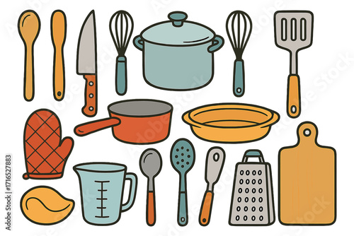 Kitchen utensils and cooking tools vector icon set. Culinary equipment for home meal preparation. Spoon, knife, pot, pan, grater and whisk flat cartoon illustration.