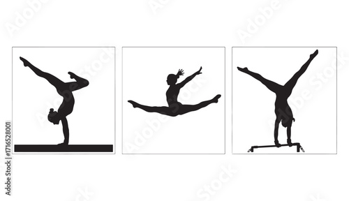 Gymnastics silhouettes dynamic poses athletes performing on bars and floor artistic sports