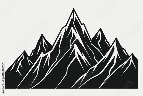 Black and white graphic illustration of a sharp edged mountain range silhouette vector