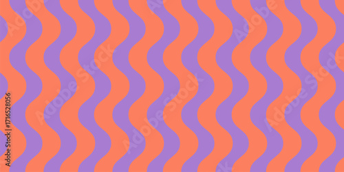 Funky vector seamless pattern with vertical wavy lines, bold stripes, liquid shapes. Bright orange and purple abstract ripple texture. Stylish waves background. Repeatable design for decor, print