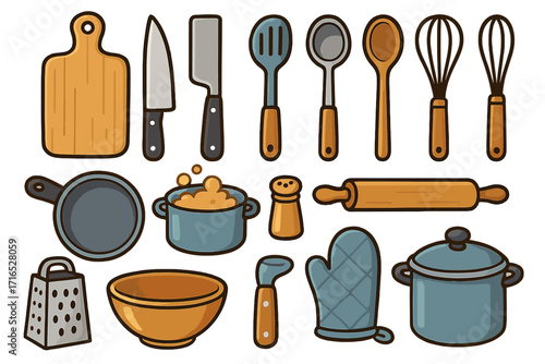 Kitchen utensils vector icon set. Cooking tools and equipment collection. Culinary cartoon illustrations for meal preparation. Knife, pot, pan, whisk, spoon, rolling pin graphics.