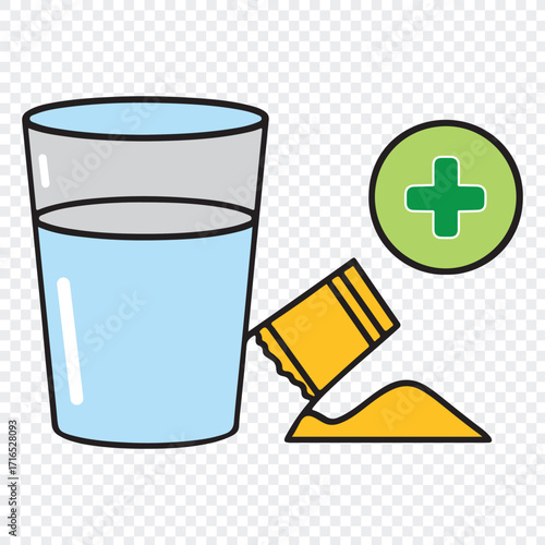 Vitamin Powder Supplement with Water Glass – Nutrition and Health Illustration and drink, glass, vector, cup, beverage, illustration, juice, water, icon, cocktail, food, container, can, cold, liquid, 