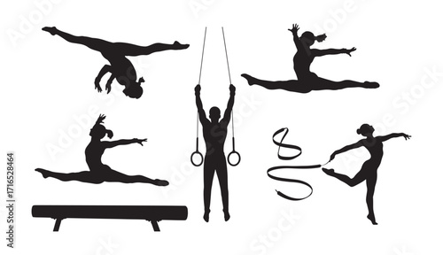 Gymnastics silhouettes diverse poses dynamic moves athlete poses sports fitness action