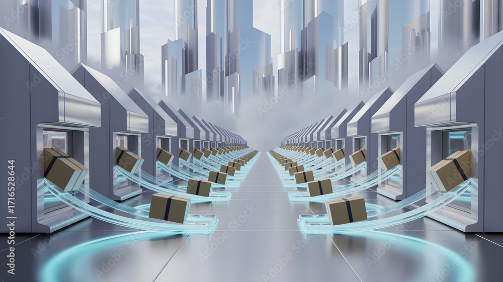 Fototapeta premium Boxes flowing from futuristic stores in a smart city