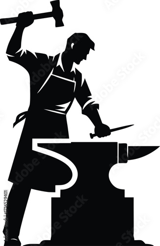 Blacksmith hammering a metal part on an anvil vector Illustration isolated on a white background