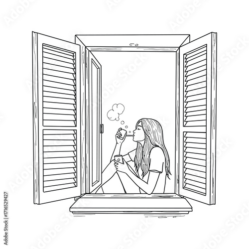 Woman Relaxing by Window with Drink and Phone Line Art Illustration