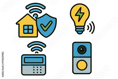 Smart home technology icon set for automation systems. Vector icons for security, energy management, and convenience. Home automation, IoT, and modern living concepts illustration.