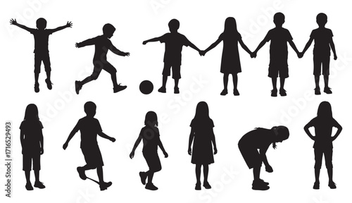 Collection of diverse silhouettes of children engaged in play and activities for design projects