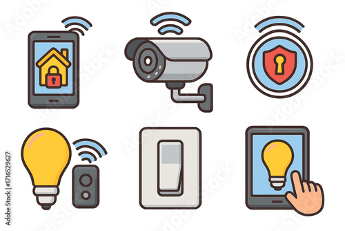 Smart home technology icon set. Vector cartoon illustration of home automation system. Security camera, smart light, remote control, app on phone, protection shield. IOT concept.