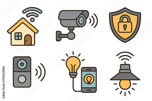 Smart home technology icon set. Vector collection of security, lighting, automation symbols. CCTV camera, smart light control, protection shield, remote access for modern home.